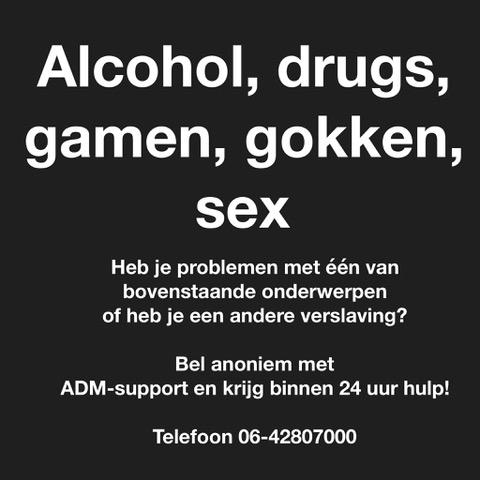 Tekstposter over alcohol, drugs, gamen, gokken en seks met ADM-support telefoonnummer
