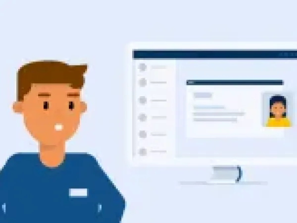 Illustratie van man naast computer met profielpagina op het scherm