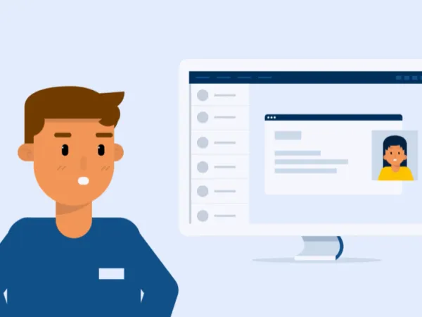 Illustratie van man naast computer met profielpagina op het scherm