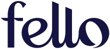 Donkerblauw “fello” logo op witte achtergrondllo